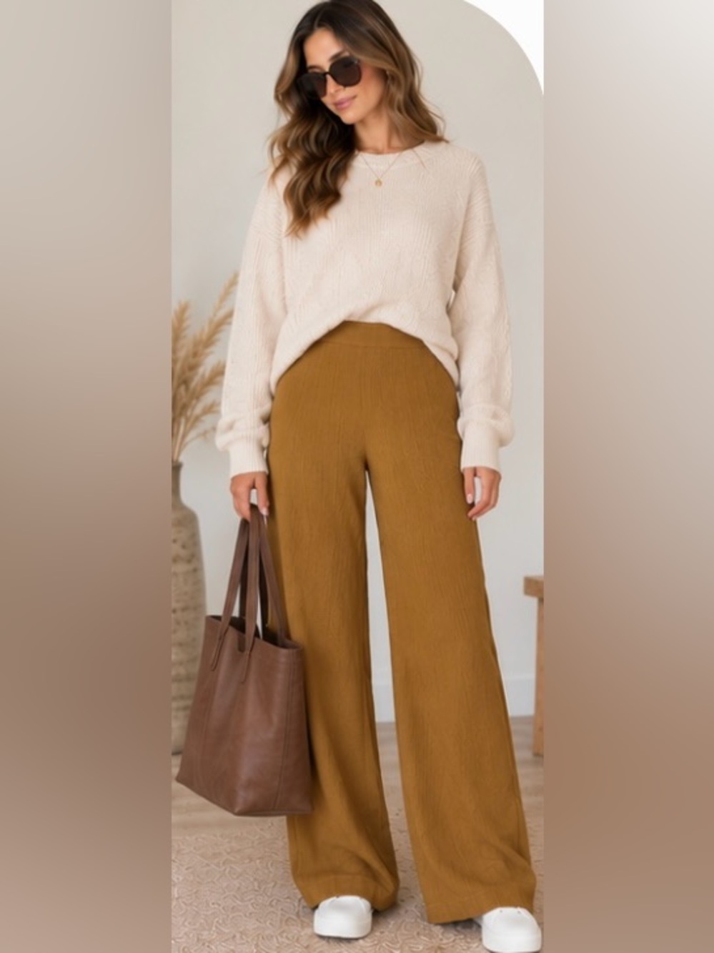 Zara XS Mustard Brown Ribbed Textured High Rise Wide Leg Pull On Pants